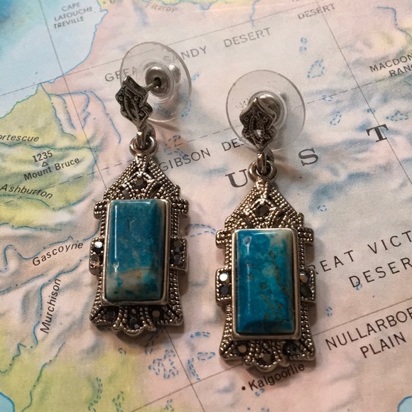 Turquoise Marcasite Pierced Earrings Missing Stone - Picture 1 of 8